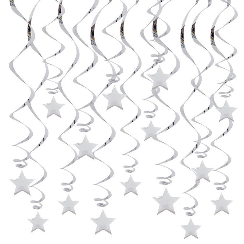 BEISHIDA Silver Star Hanging Swirl Decorations,Hanging Silver Party Supplies for Graduation Wedding Baby Shower Decorations, Pack of 15 - Image 1